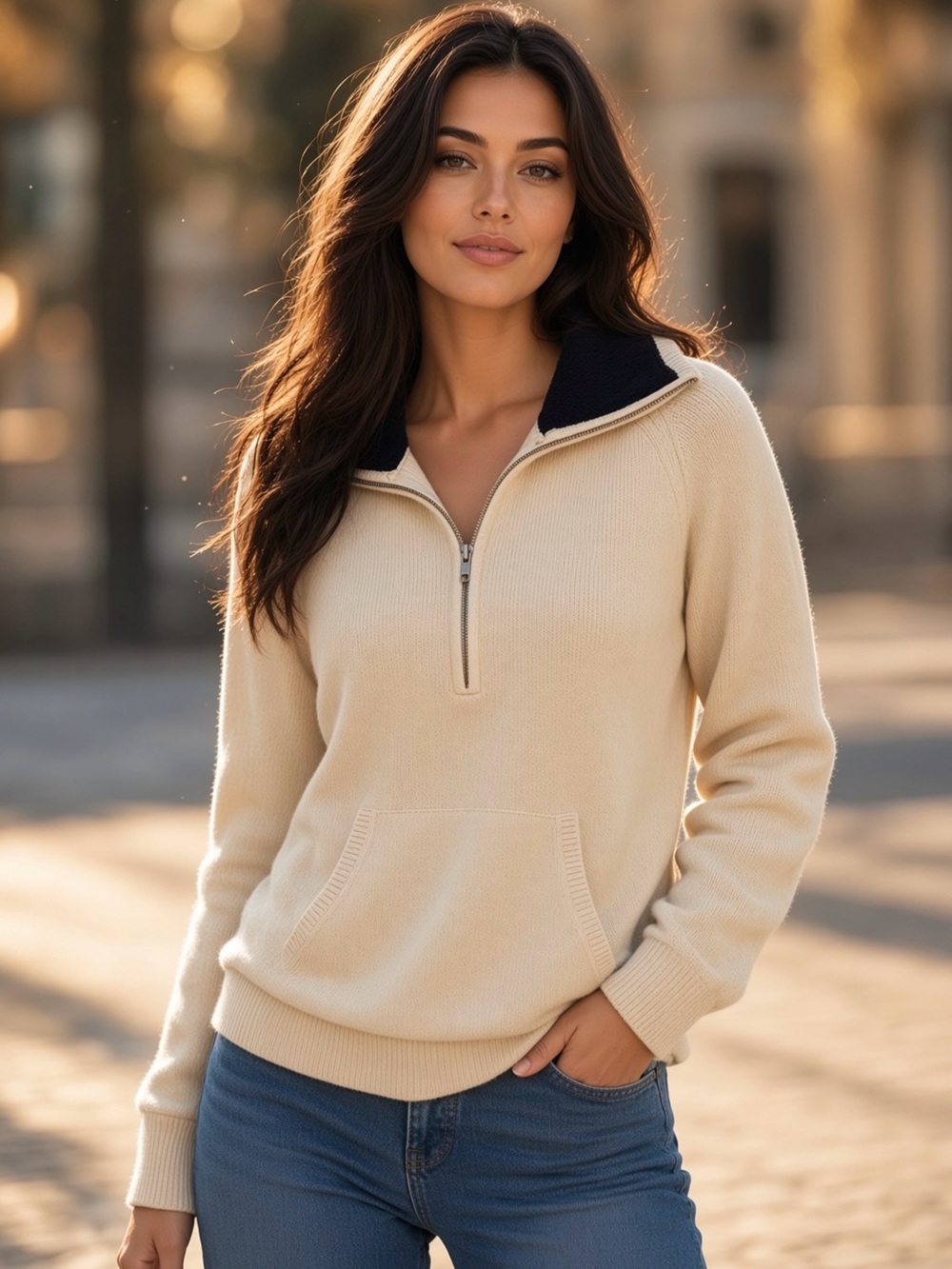 Ralph Lauren navy and cream large three quarter zip cotton sweater.